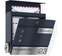 Graviers Design Cassetta delle lettere con rullo per giornali in antracite RAL 7016 - finestra per la posta personalizzata in acciaio inox, nome strada, numero civico, incisione laser, serratura