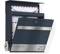Graviers Design Cassetta delle lettere con scomparto per giornali in antracite, RAL 7016, personalizzabile, in acciaio inox, con incisione laser, numero civico, cassetta delle con serratura