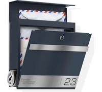 Graviers Design Cassetta delle lettere con scomparto per giornali in antracite, RAL 7016, personalizzabile, in acciaio inox, con incisione laser, numero civico, cassetta delle lettere con serratura