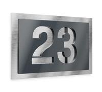 Graviers Design Numero civico personalizzabile in vetro acrilico + acciaio inox V2A 215 x 150 mm metallizzato, Resistente alle intemperie, Antiruggine, Targa per porta d’ingresso, Made in Germany