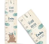 GRAVURZEILE Bilancia per bambini in legno - Design orso blu - con nome per la stanza dei bambini - Barra di misurazione misura 80-140 cm - Misure 20 x 70 x 2 cm - Regalo per la nascita