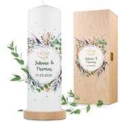 GRAVURZEILE Candela stampata, motivo floreale, personalizzabile, con nome, data e testo desiderato, regalo per matrimonio alla coppia di sposi, 8 cm x 25 cm (diametro x altezza) bianco