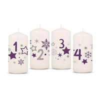 GRAVURZEILE Candele dell'Avvento stampate - Avvento stelle viola - Candele di Natale per la corona dell'Avvento, set da 4 pezzi, decorazione per Natale, regalo per lui e per lei, candela pilastro 120