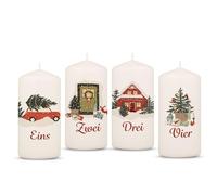 GRAVURZEILE Candele di Natale stampate, motivo natalizio, piccole candele in set da 4 pezzi, per la corona dell'Avvento, decorazione per Natale, regalo per lui e per lei, candela pilastro 120/58 mm