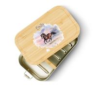 GRAVURZEILE Contenitore per il pranzo per bambini, motivo: cavallo, personalizzabile con nome, con coperchio in legno di bambù, regalo per l'asilo e l'inizio della scuola, 1100 ml, in acciaio inox