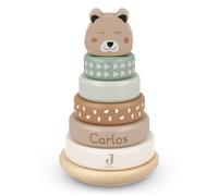 GRAVURZEILE Jungle Jambo - Torre impilabile incisa, personalizzabile con nome, anelli impilabili per bambini, giocattoli in legno, testa di animale con torre oscillante e 5 anelli in legno, regalo per