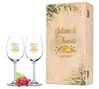 GRAVURZEILE Leonardo Bicchiere da vino con stampa UV, design Flower Wedding V2, personalizzabile con nome e data, regalo per matrimonio, fidanzamento e anniversario per coppia di sposi, colore
