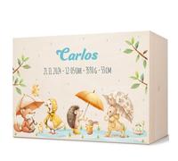 GRAVURZEILE Scatola dei ricordi per neonati - Animali sotto la pioggia - Personalizzata con nome e data - Scatola di legno per ragazze e ragazzi - Regalo per nascita - Scatola dei ricordi per neonati