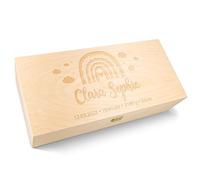 GRAVURZEILE Scatola dei ricordi personalizzata per neonati - Scatola di legno per ragazze e ragazzi - Personalizzata con nome e dati - Regalo per nascita - Scatola dei ricordi per neonati - Arcobaleno