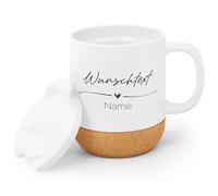GRAVURZEILE Tazza in gres porcellanato stampato, testo desiderato V1, personalizzabile con nome e testo, con base in sughero e coperchio, regalo per amici e parenti, 330 ml, lavabile in lavastoviglie