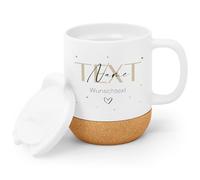 GRAVURZEILE Tazza in gres porcellanato stampato, testo desiderato V2, personalizzabile con nome e testo, 1 riga, con base in sughero e coperchio, regalo per amici e parenti, 330 ml, lavabile in