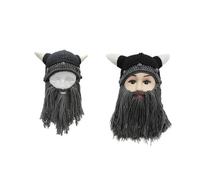 (Gray) 2pcs for Creative Funny Beard Horn Hat Parent-Child Knitted Wig Mustache Hat Warm Beard Removable Party for Autumn Winte Gray