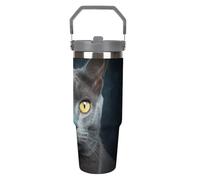 Gray Cat Stares - Bicchiere da viaggio con cannuccia, in acciaio inox, isolato, con manico, a doppia parete, coperchio a prova di perdite, mantiene le bevande calde/fredde per ore