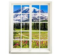 Graz Design - Adesivo da parete con finestra con vista "Montagne e fiori selvatici", 83 x 100 cm (larghezza x altezza)