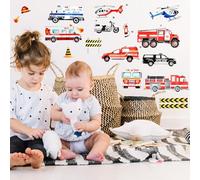 Graz Design - Adesivo da parete per cameretta dei bambini, 4 pezzi, con vigili del fuoco, motivo: veicolo divertente, in PVC, 30 x 20 cm, per ragazzi e ragazze