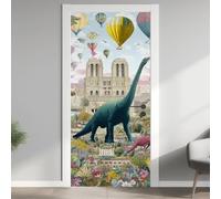 Graz Design - Adesivo per porta a forma di dinosauro, motivo palazzo europeo, con mongolfiera, in PVC, per porta, camera da letto, bagno, 80 x 200 cm