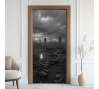 Graz Design - Adesivo per porta, motivo città, rami in legno morto, autoadesivo, con nuvola scura, rimovibile, in PVC, per porta, camera da letto, bagno, 95 x 205 cm
