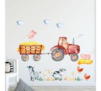 GRAZDesign Graz Design - Adesivo da parete per cameretta dei bambini, motivo: trattore rosso con animali, 100 x 57 cm