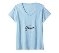 Grazia Non Perfezione Uomini Cristiani Fede Inspirational Maglietta con Collo a V, Donna, Celeste, S