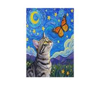 Graziosa bandiera a forma di gatto con farfalla e stelle per casa notturna su entrambi i lati, decorazione per giardino, vacanze, cortile, benvenuto, 71 x 101