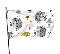Graziosa bandiera a forma di riccio, 0,9 x 1,5 m e funghi, stile scandinavo creativo bosco alla moda, grigio, decorazione da giardino per esterni, portico, leggero, resistente allo sbiadimento UV