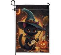 Graziosa bandiera autunnale da giardino con gatto, strega, scopa, zucca, decorazione per esterni, cortile, vacanze, bandiera autunnale su entrambi i lati, 30,5 x 45,7 cm