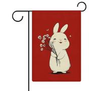 Graziosa bandiera bianca con coniglietto che tiene fiori da giardino per casa cortile esterno bandiera stagionale vacanza juta doppia faccia bandiera 30,5 x 45,7 cm