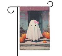 Graziosa bandiera bianca con fantasma rosa con fiocco da giardino per le vacanze stagionali in iuta su entrambi i lati, 30,5 x 45,7 cm