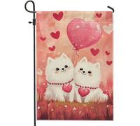 Graziosa bandiera bianca da giardino con cuccioli di Pomerania, decorazione per esterni a tema cuore pesca, bandiera da giardino in iuta su entrambi i lati, per San Valentino, decorazione primaverile