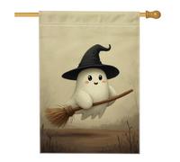 Graziosa bandiera bianca da giardino con fantasma di Halloween, design con cappello da strega spettrale, decorazione per esterni, striscione in iuta su entrambi i lati per feste autunnali, decorazione