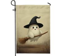 Graziosa bandiera bianca da giardino con fantasma di Halloween, design con cappello da strega spettrale, decorazione per esterni, striscione in iuta su entrambi i lati per feste autunnali, decorazione