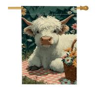 Graziosa bandiera bianca da giardino con mucca delle Highlands, decorazione floreale primaverile, striscione in iuta su entrambi i lati per esterni, decorazione per feste, 71 x 101 cm