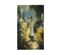 Graziosa bandiera con donna sul retro del giardino e sentiero della casa, 9 x 1,5 m, striscione di auguri con occhielli per interni ed esterni, decorazioni per la casa