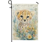 Graziosa bandiera da giardino a forma di cucciolo di ghepardo, design floreale colorato, decorazione per la casa, decorazione da cortile, in iuta su entrambi i lati, perfetta per la primavera e