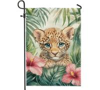 Graziosa bandiera da giardino a forma di cucciolo di leopardo, bandiera colorata tropicale floreale per la casa, bandiera da cortile su entrambi i lati per la decorazione estiva all'aperto del prato