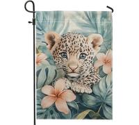 Graziosa bandiera da giardino a forma di cucciolo di leopardo, foglie tropicali verdi, decorazione floreale per esterni, striscione stagionale per feste estive, bandiera decorativa su entrambi i lati