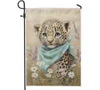 Graziosa bandiera da giardino a forma di cucciolo di leopardo, sciarpa blu con animali della giungla, decorazione per esterni, striscione stagionale per la casa per la primavera e l'estate