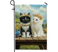 Graziosa bandiera da giardino a forma di gatto, gattini bianchi e neri con fiori, decorazione per esterni, decorazione estiva a doppia faccia per la casa per prato e patio, adorabile striscione da