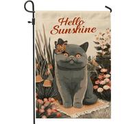 Graziosa bandiera da giardino a forma di gatto grigio, striscione decorativo in iuta per primavera ed estate, decorazione per esterni, decorazione floreale su entrambi i lati, tema Hello Sunshine