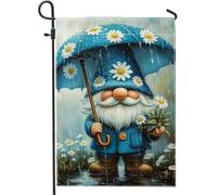 Graziosa bandiera da giardino a forma di gnomo, ombrello a margherita blu, decorazione per esterni per primavera estate, striscione floreale su entrambi i lati, decorazione per giardino di pioggia