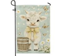 Graziosa bandiera da giardino a forma di mucca, morbida decorazione bianca per esterni, decorazione primaverile estiva con farfalla floreale, decorazione per prato, bandiera in iuta su entrambi i lati