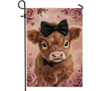 Graziosa bandiera da giardino a forma di mucca, papillon in vitello marrone, striscione floreale da cortile, decorazione per esterni in iuta su entrambi i lati, per feste primaverili ed estive, 30,5 x