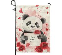 Graziosa bandiera da giardino a forma di panda, con rose rosse e pesca, decorazione per la casa, in iuta su entrambi i lati, decorazione per prato all'aperto, per la stagione dell'amore, adorabile