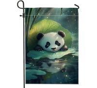 Graziosa bandiera da giardino a forma di panda, decorazione per la casa con foglie, decorazione estiva su entrambi i lati, adorabile bandiera per feste per bambini, decorazione per prato 30,5 x 45,7