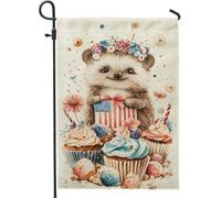 Graziosa bandiera da giardino a forma di riccio, decorazione colorata con cupcake e fiori per primavera estate, bandiera in iuta su entrambi i lati per la decorazione del prato esterno 30,5 x 45,7 cm