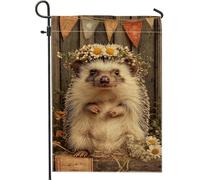 Graziosa bandiera da giardino a forma di riccio, decorazione per esterni primaverile floreale marrone, striscione su entrambi i lati in iuta, decorazione per la casa per feste fantasiose, 30,5 x 45,7