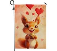 Graziosa bandiera da giardino a forma di scoiattolo, con personaggi dei cartoni animati arancioni e cuori, decorazione per la casa e il giardino, double face, decorazione estiva per prato all'aperto