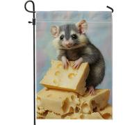 Graziosa bandiera da giardino a forma di topo con formaggio, adorabile animale grigio, decorazione per la casa e il giardino, bandiera su entrambi i lati, graziosa bandiera da giardino, decorazione