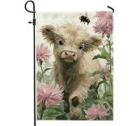 Graziosa bandiera da giardino a forma di vitello, striscione floreale per la casa con mucca beige, bandiera da cortile in iuta su entrambi i lati, decorazione per prato all'aperto per primavera ed