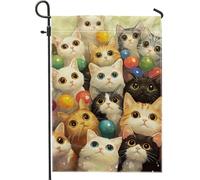 Graziosa bandiera da giardino a tema gatto, decorazione colorata con gattini e palline per primavera, bandiera da cortile in iuta su entrambi i lati, decorazione per prato per amanti degli animali